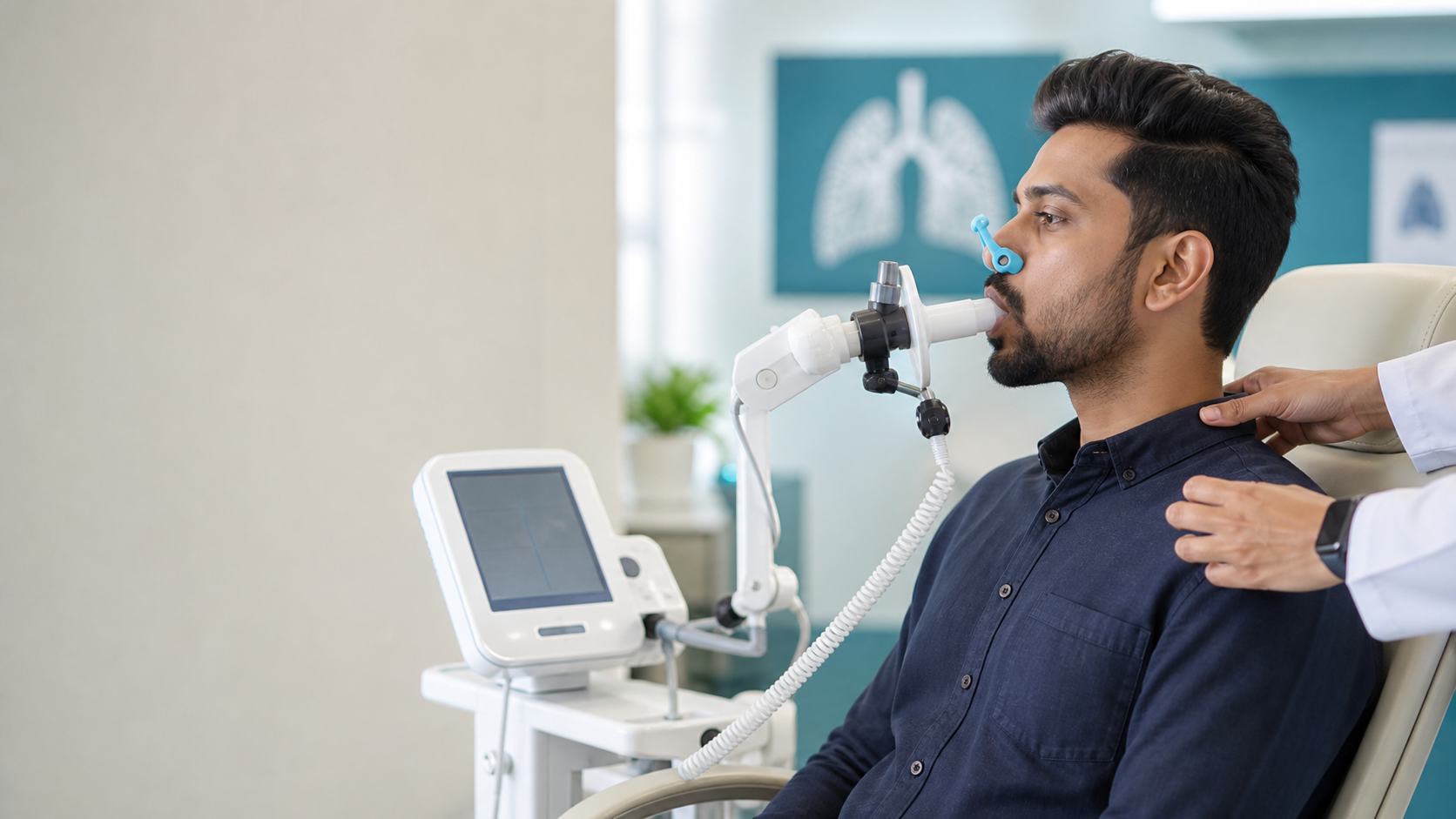 Indian patient taking a lung function test