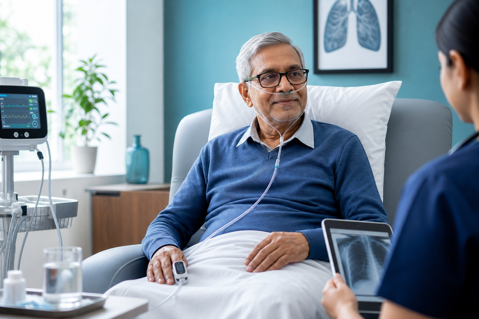 Indian patient receiving respiratory recovery care